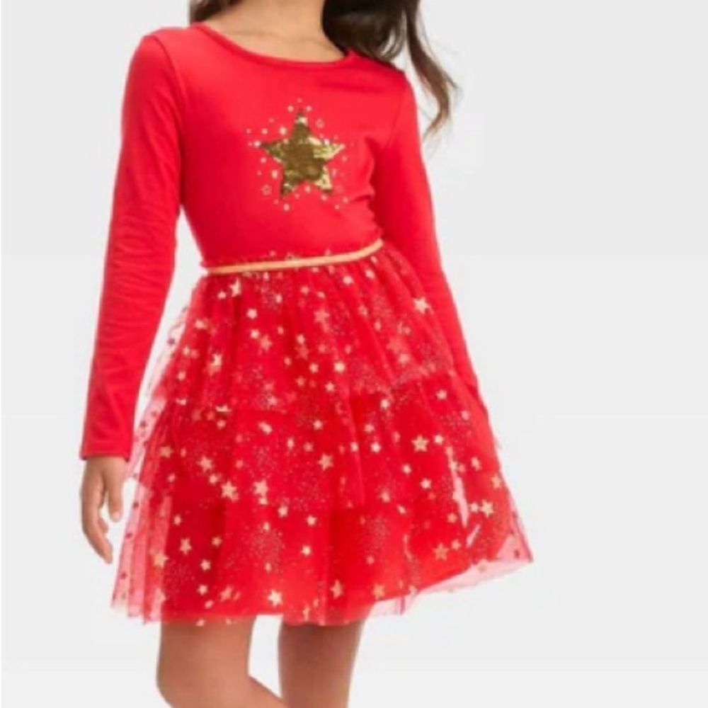 NWT Girl Red Long Sleeve Star Tiered Tulle Dress Holiday Cat&Jack L Large 10/12